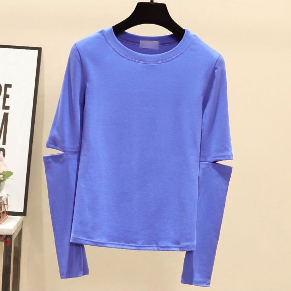 NWT Women's Blue Elbow Cutout Long Sleeve Top